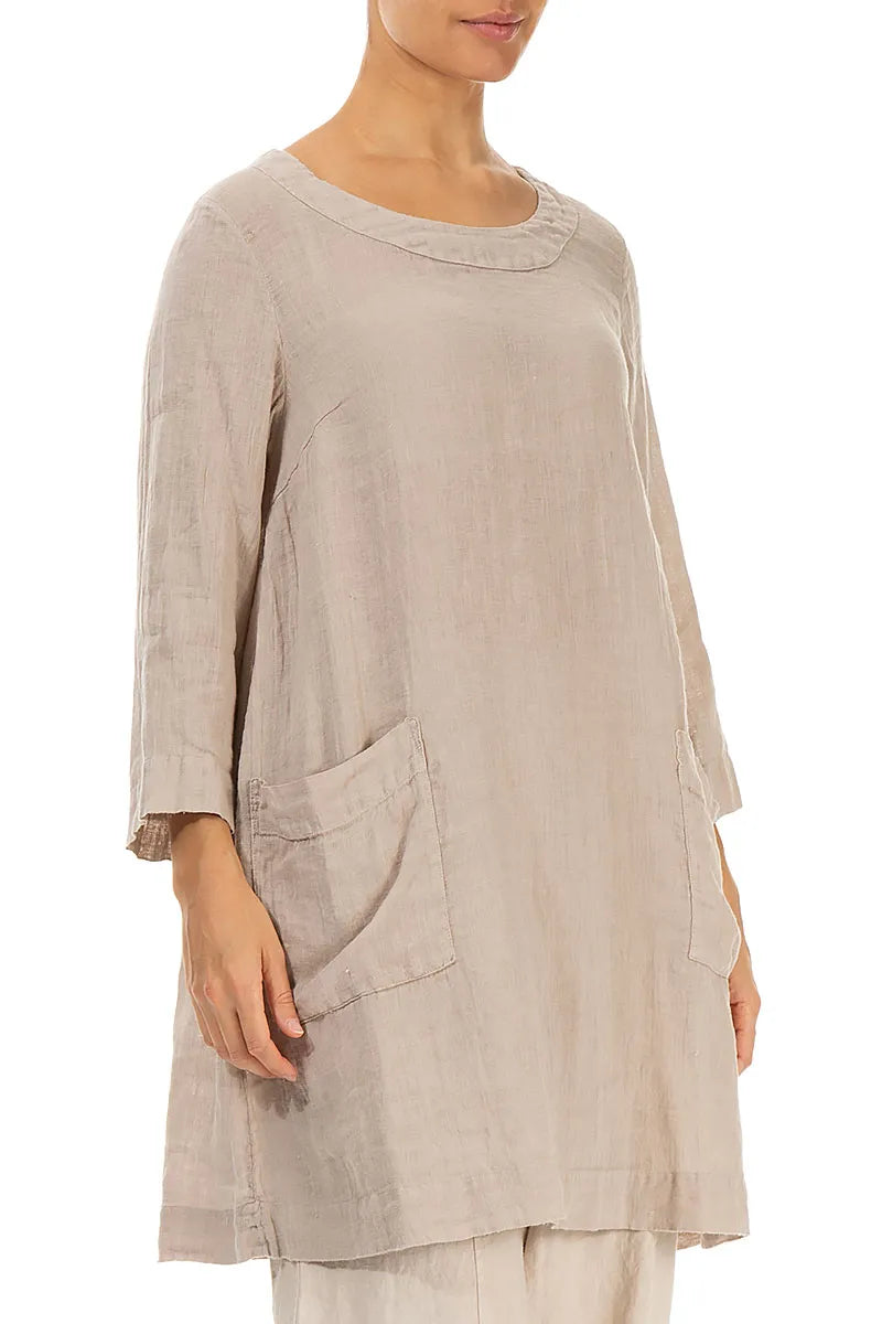 Two Pockets Beige Gauze Linen Tunic