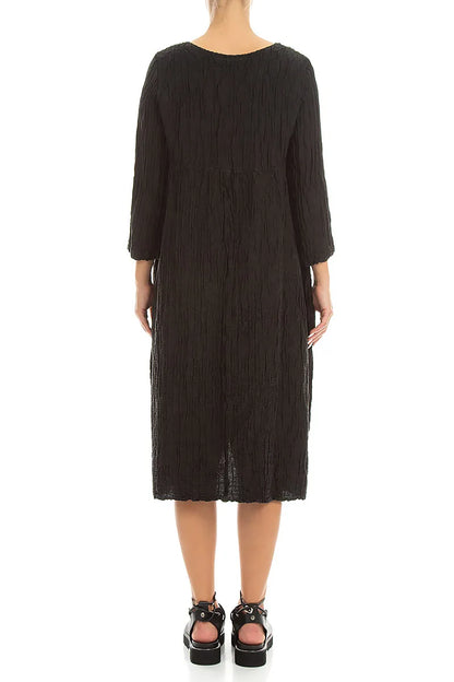 Two Pockets Black Crinkled Silk Linen Dress 2