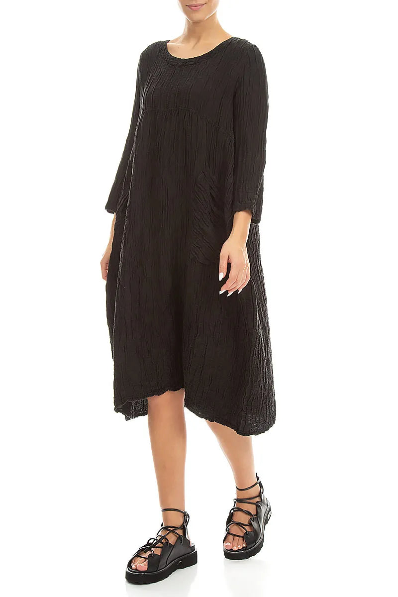Two Pockets Black Crinkled Silk Linen Dress 3
