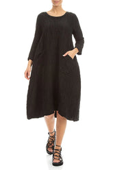 Two Pockets Black Crinkled Silk Linen Dress 4