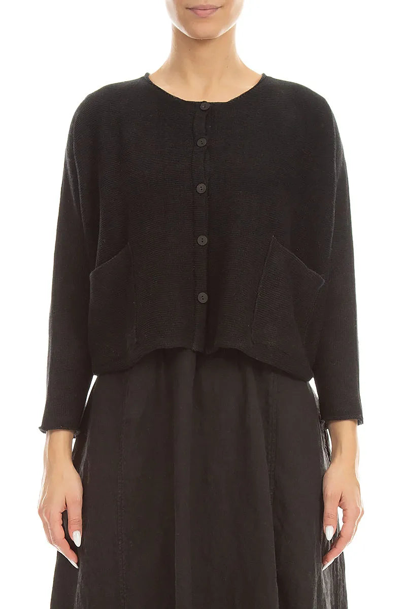Schwarzer Leinen-Cardigan mit zwei Taschen