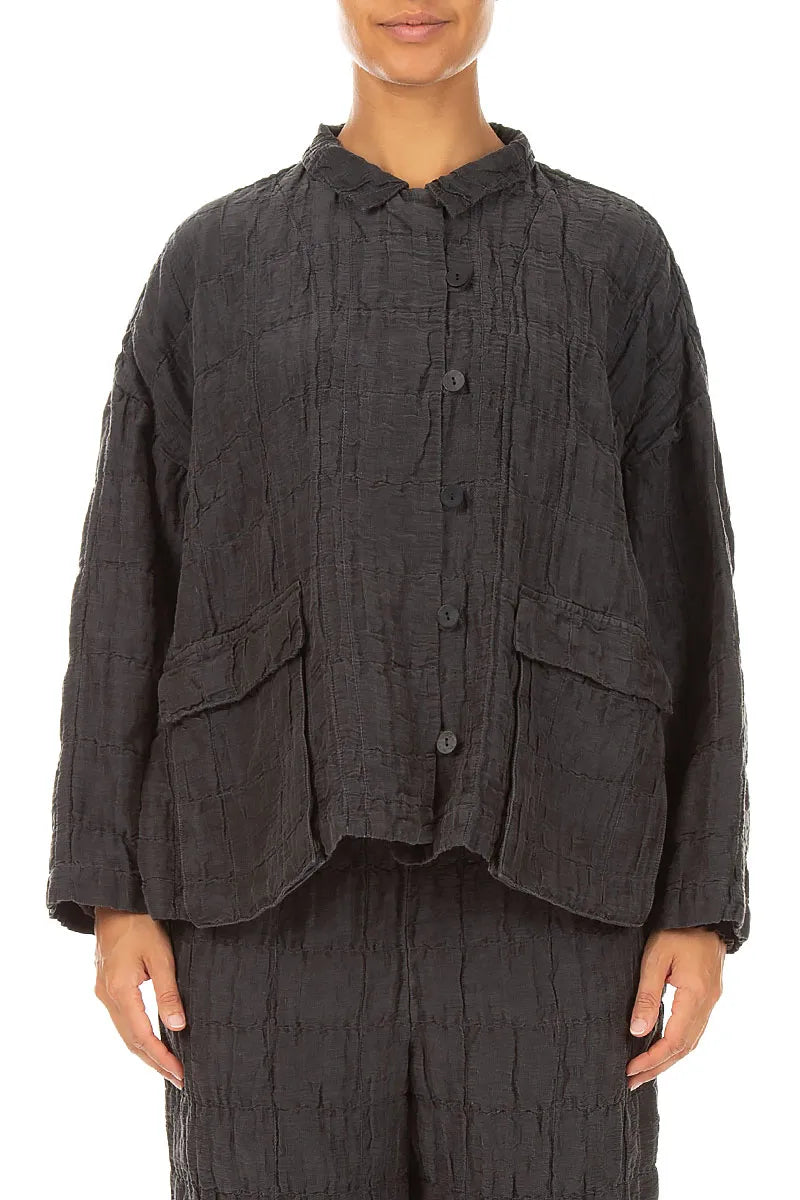 Two Pockets Charcoal Pleated Silk Linen Jacket 1