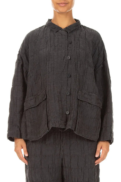 Two Pockets Charcoal Pleated Silk Linen Jacket 1