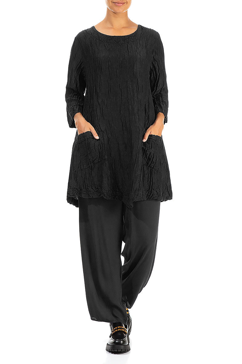 Two Pockets Crinkled Black Silk Linen Tunic 4