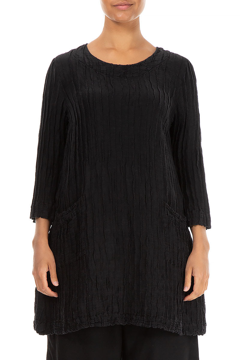 Two Pockets Crinkled Black Silk Linen Tunic