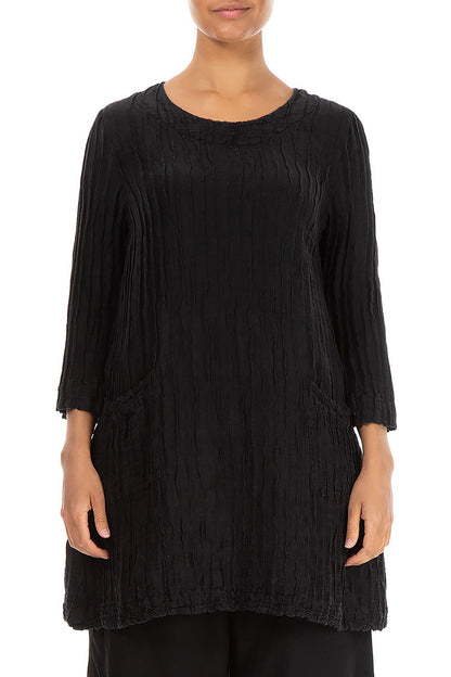 Two Pockets Crinkled Black Silk Linen Tunic