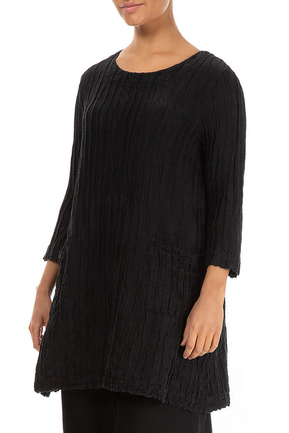 Two Pockets Crinkled Black Silk Linen Tunic