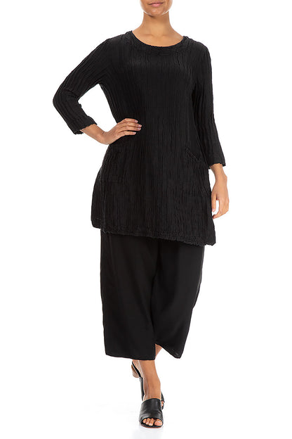 Two Pockets Crinkled Black Silk Linen Tunic