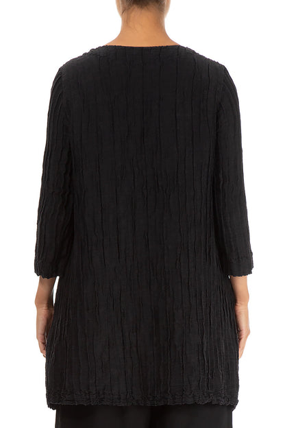 Two Pockets Crinkled Black Silk Linen Tunic
