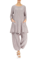 Two Pockets Crinkled Greige Silk Linen Tunic 4