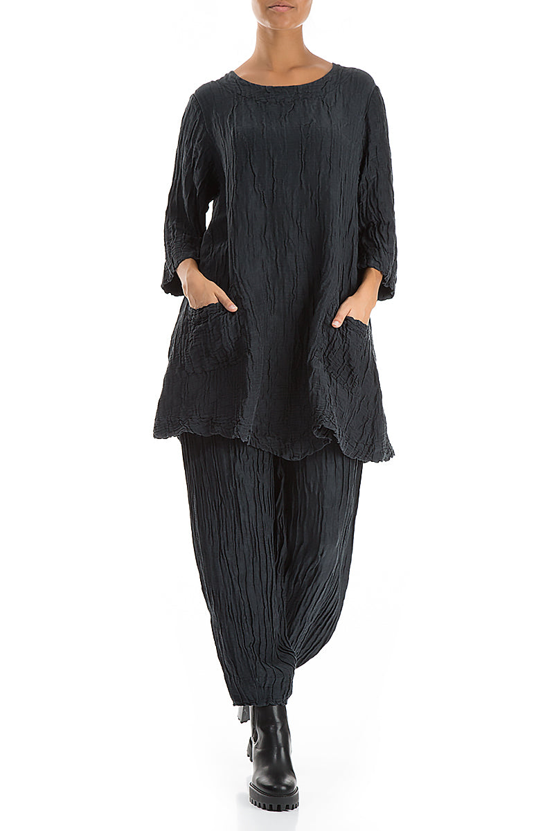 Two Pockets Crinkled Midnight Blue Silk Linen Tunic 4