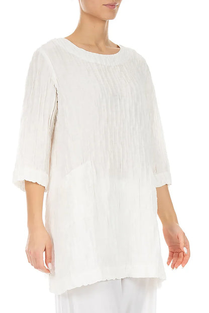 Two Pockets Crinkled White Silk Linen Tunic 3