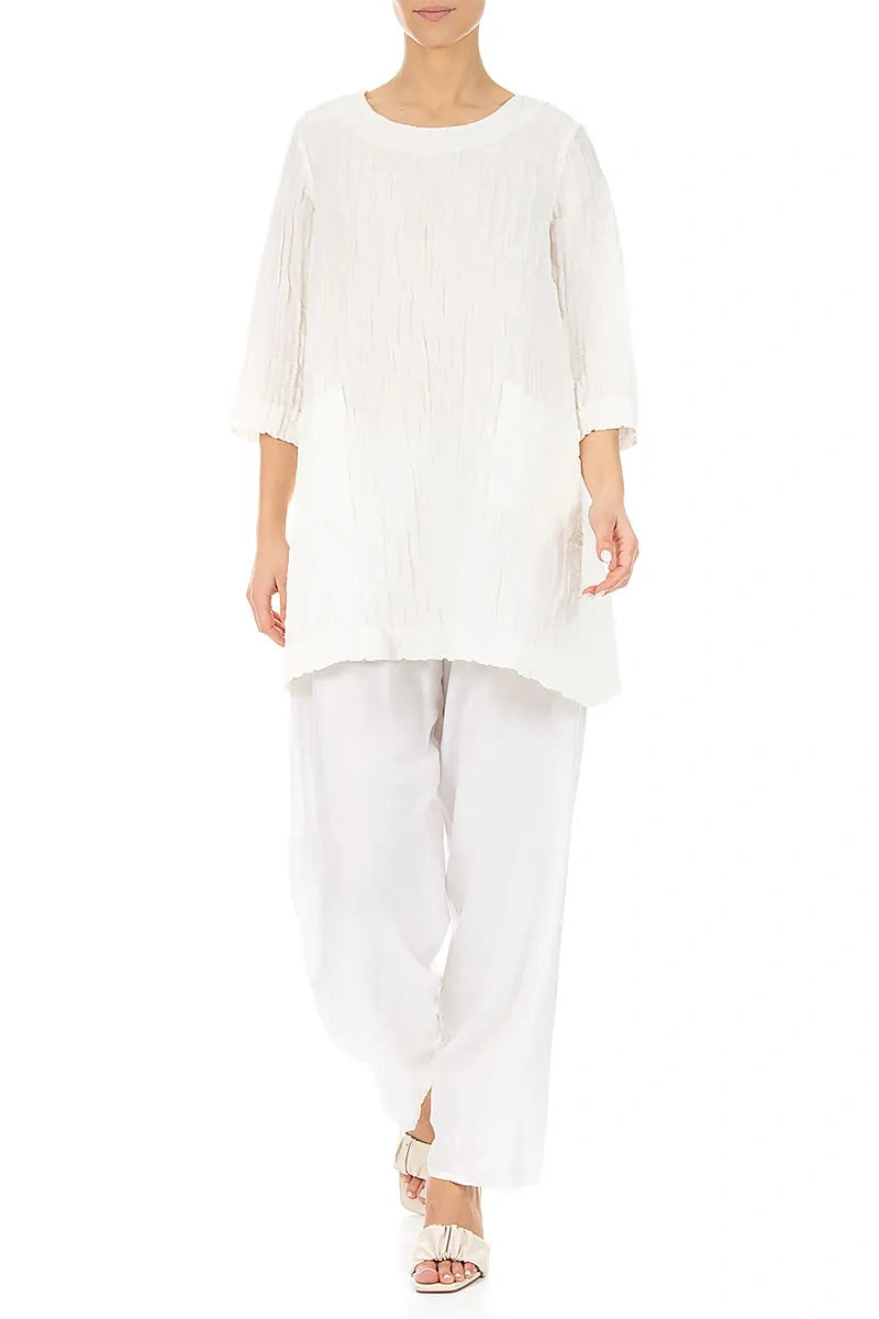 Two Pockets Crinkled White Silk Linen Tunic 4