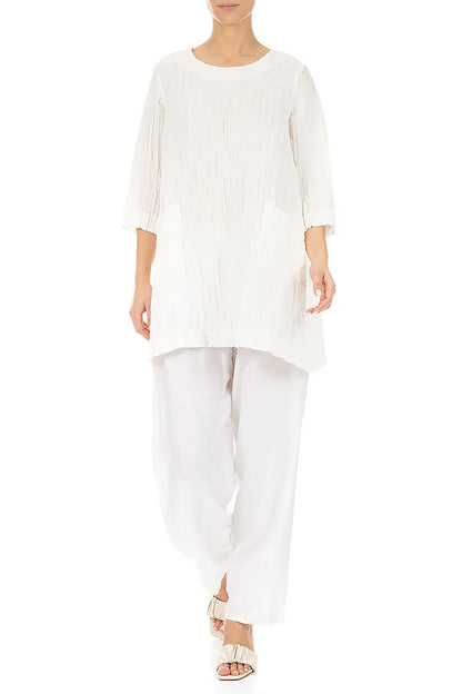 Two Pockets Crinkled White Silk Linen Tunic 4