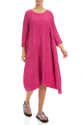 Two Pockets Fuchsia Crinkled Silk Linen Dress 3