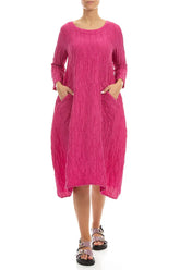 Two Pockets Fuchsia Crinkled Silk Linen Dress 4
