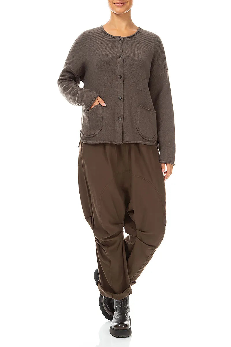 Two Pockets Khaki Brown Merino Wool Cardigan 4