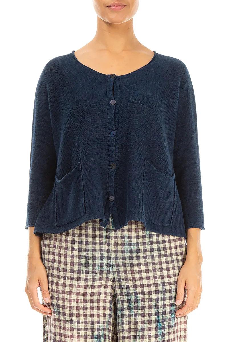 Two Pockets Navy Linen Cardigan