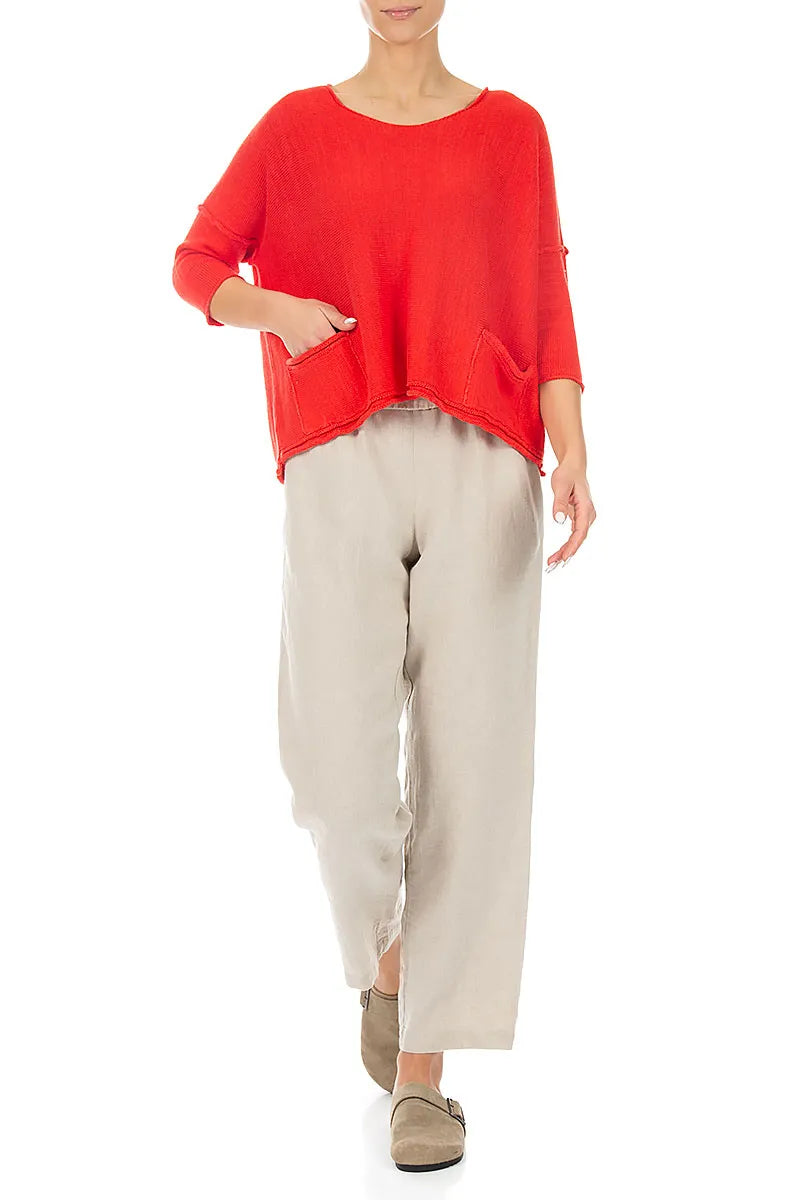 Two Pockets Red Linen Jumper 4