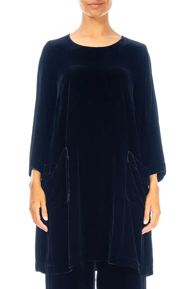 Tunique en velours de soie bleu royal à deux poches