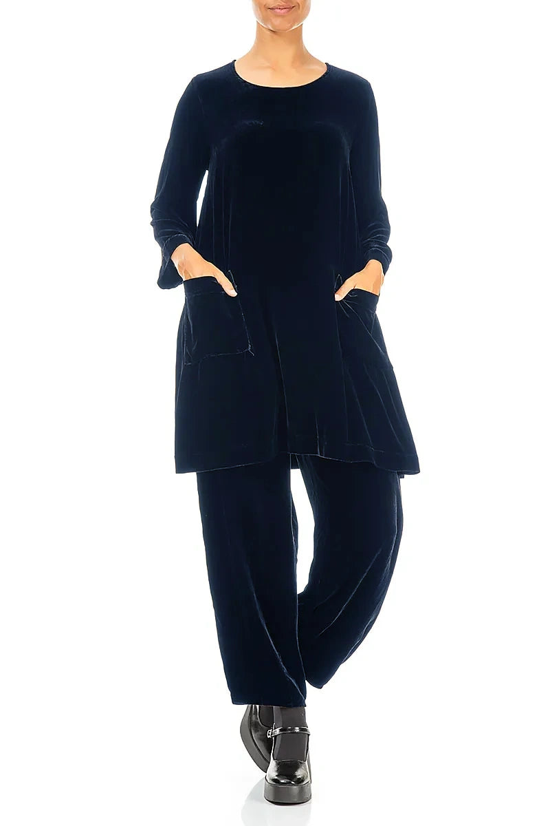 Tunique en velours de soie bleu royal à deux poches
