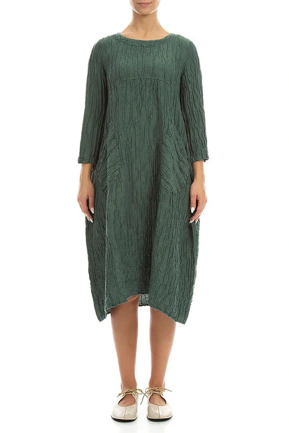 Two Pockets Sage Crinkled Silk Linen Dress 1