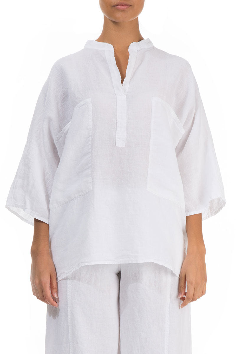 Two Pockets White Linen Shirt 1