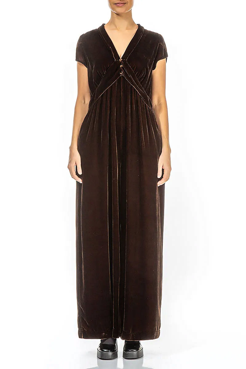 V-Neck Aged Copper Silk Velvet Jumpsuit 2