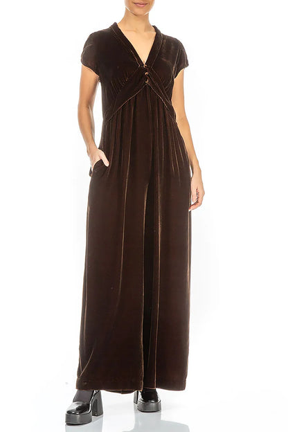 V-Neck Aged Copper Silk Velvet Jumpsuit 5