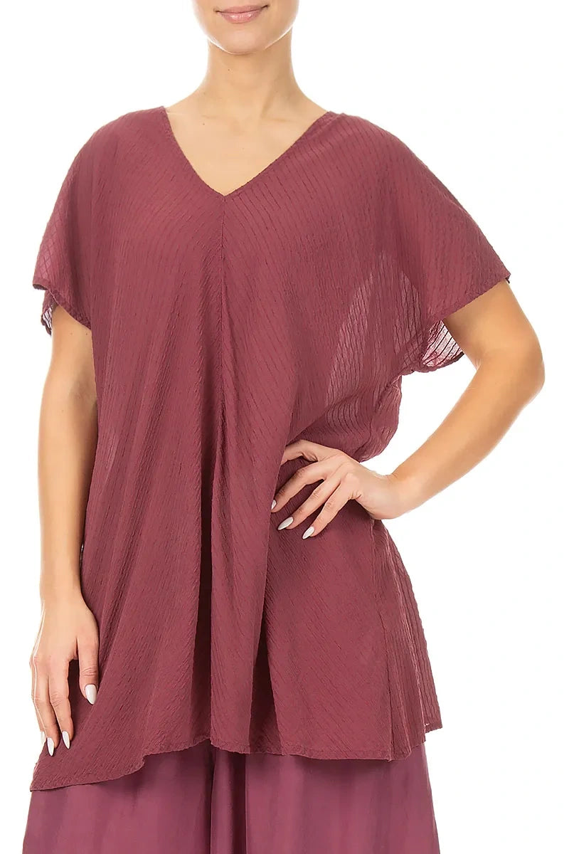 V-Neck Antique Ruby Stripy Silk Viscose Blouse 3