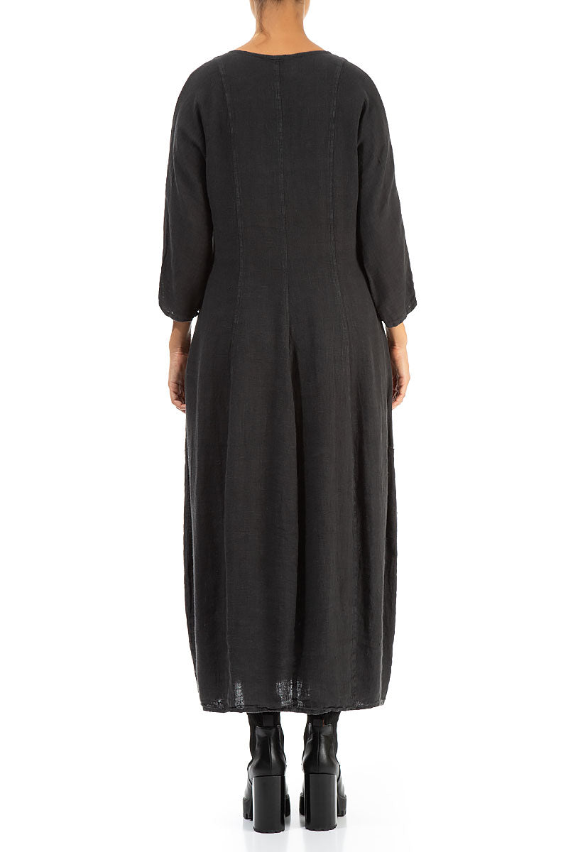 V-Neck Balloon Charcoal Linen Dress 2