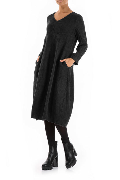 V-Neck Balloon Charcoal Mélange Linen Dress 3