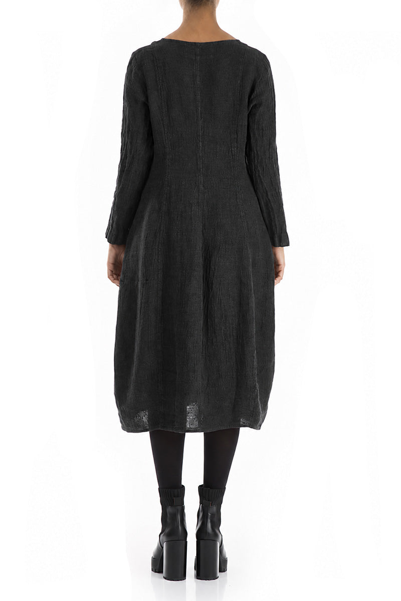 V-Neck Balloon Charcoal Mélange Linen Dress 2