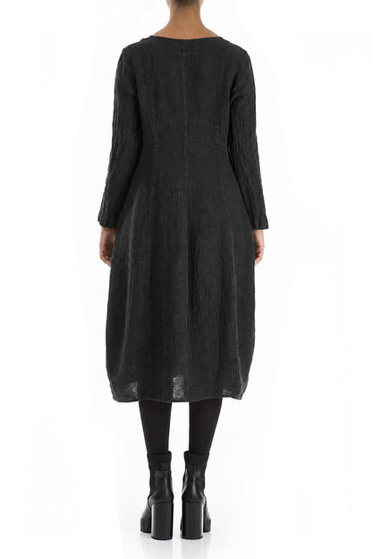 V-Neck Balloon Charcoal Mélange Linen Dress 2