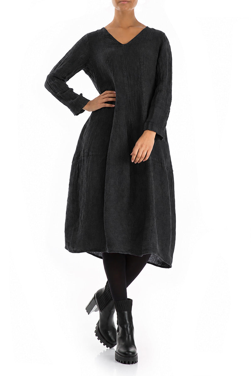 V-Neck Balloon Charcoal Mélange Linen Dress 4