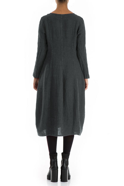 V-Neck Balloon Forest Grey Mélange Linen Dress 2