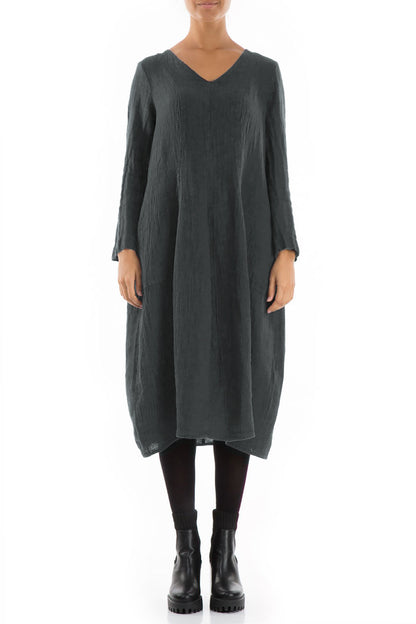 V-Neck Balloon Forest Grey Mélange Linen Dress 1