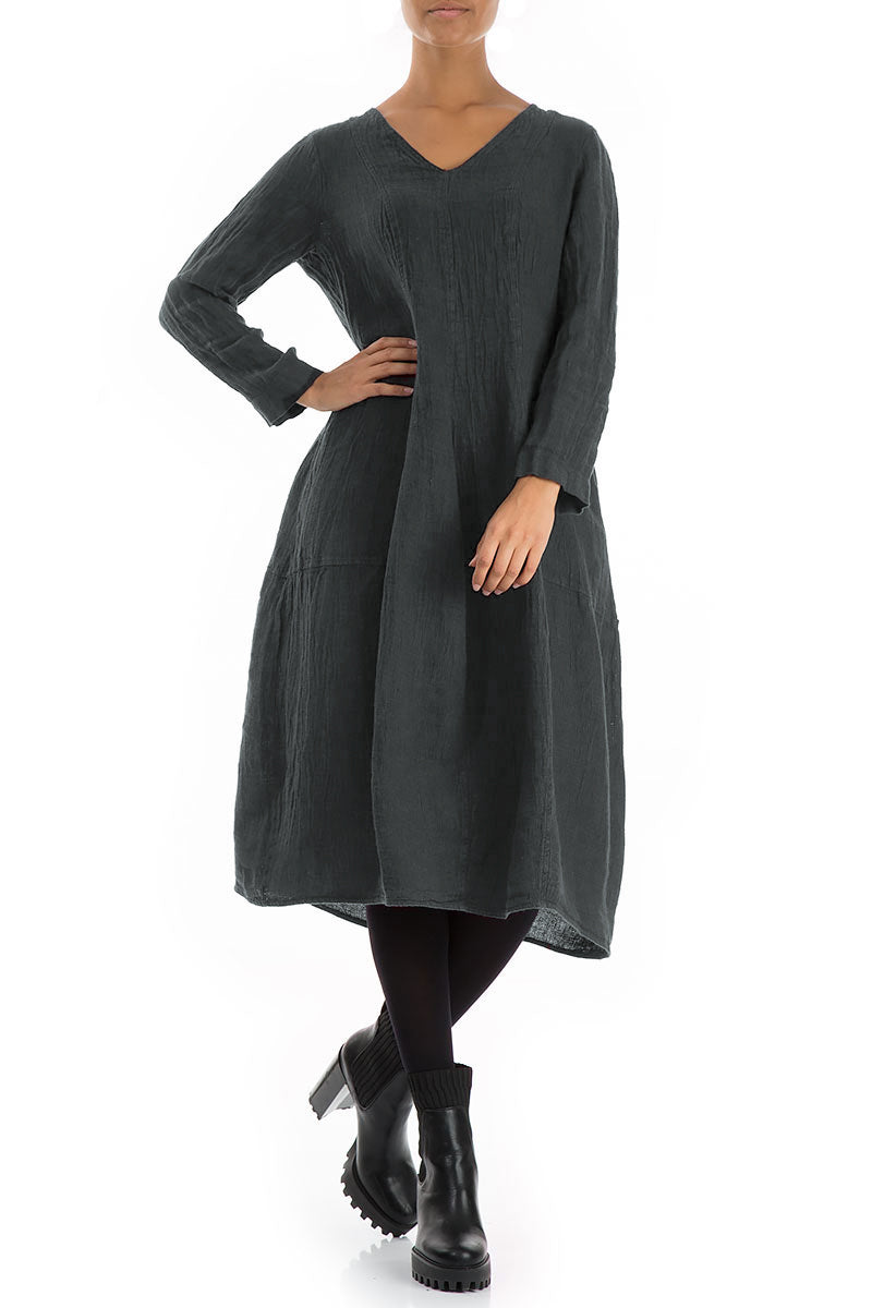 V-Neck Balloon Forest Grey Mélange Linen Dress 4