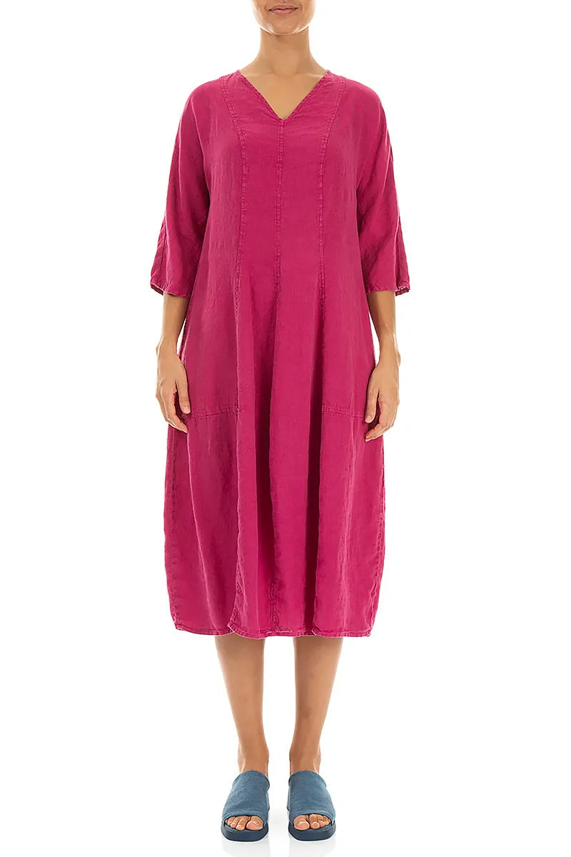 V-Neck Balloon Fuchsia Linen Dress 1