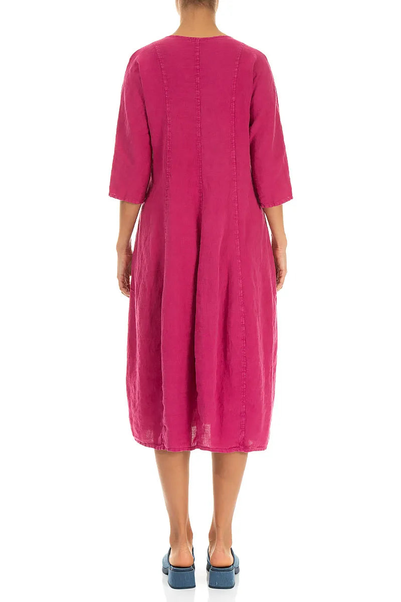 V-Neck Balloon Fuchsia Linen Dress 2