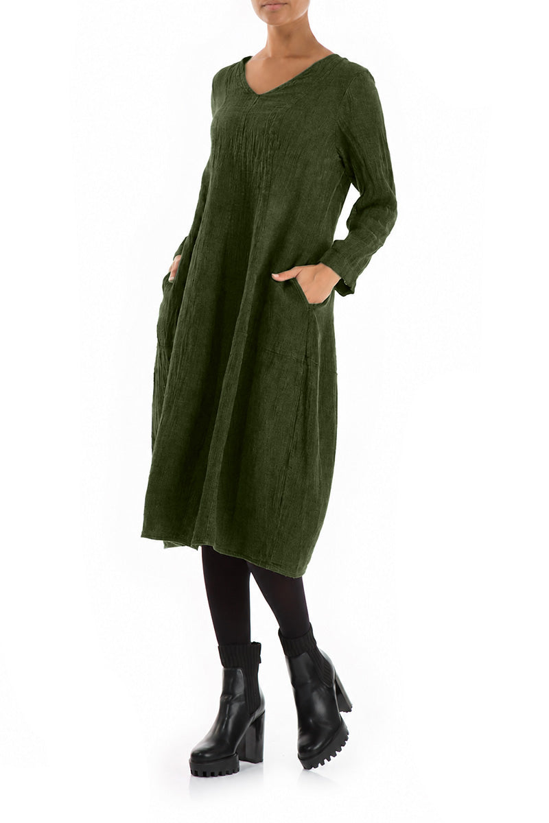 V-Neck Balloon Shamrock Green Mélange Linen Dress