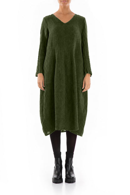 V-Neck Balloon Shamrock Green Mélange Linen Dress