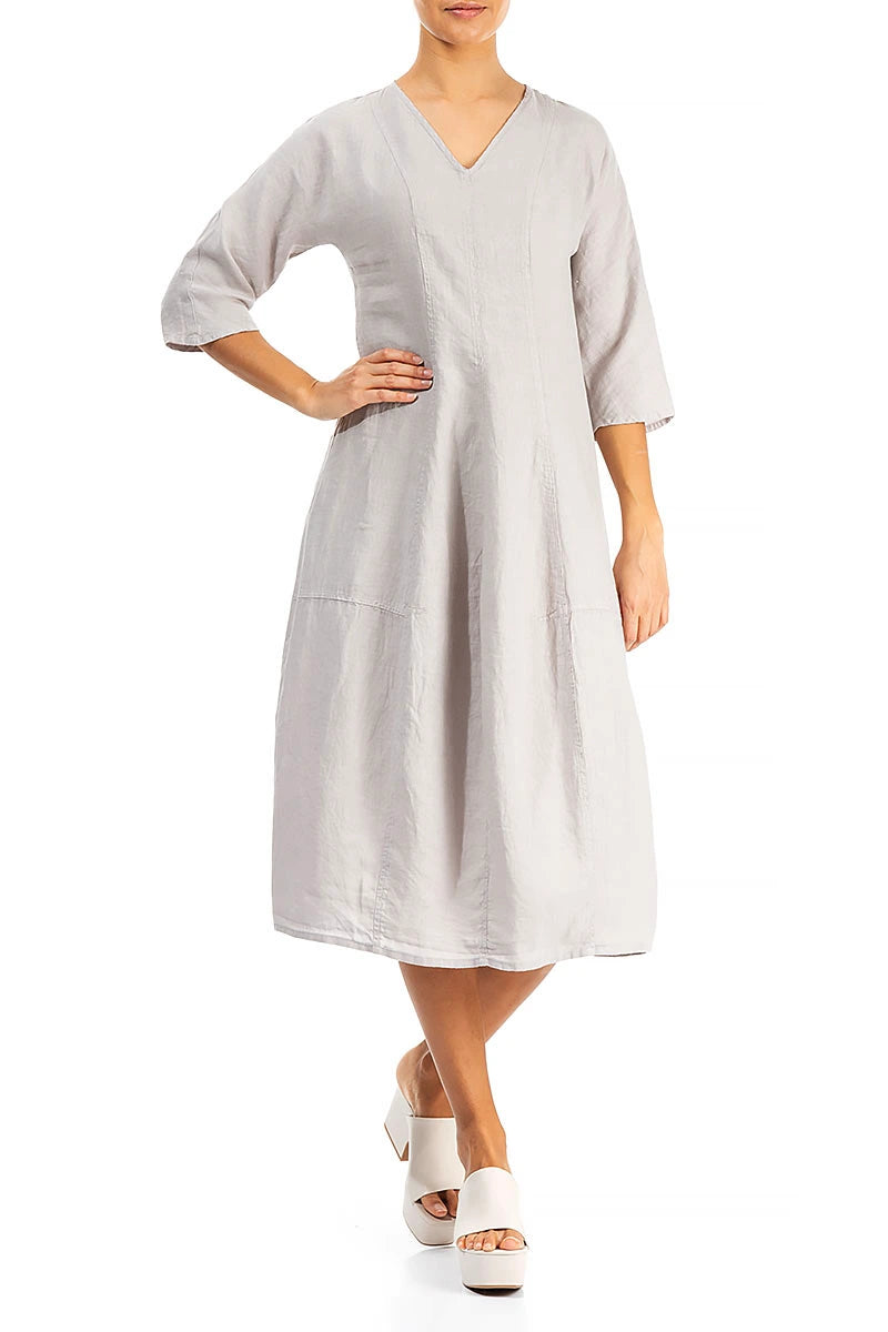 V-Neck Balloon Beige Linen Dress 3