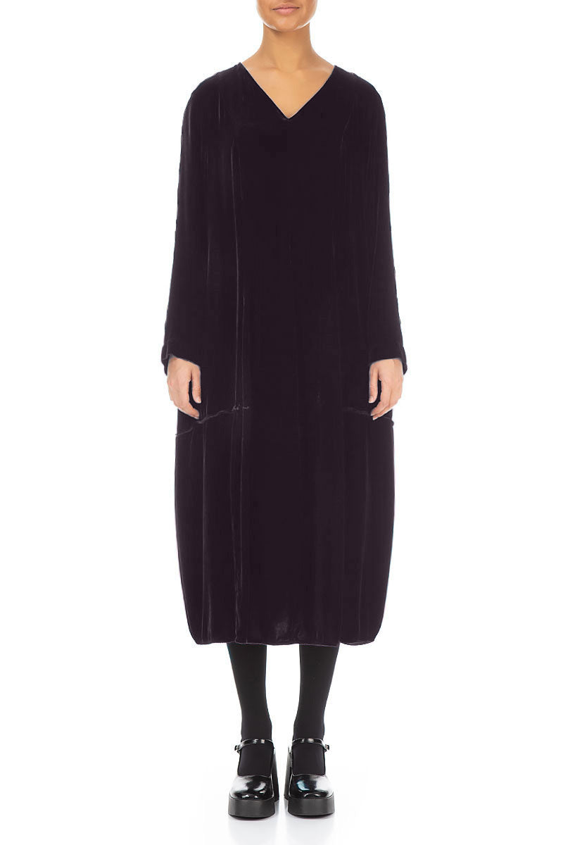 V-Neck Balloon Vintage Violet Silk Velvet Dress 1