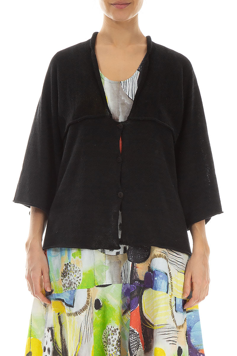 V-Neck Black Linen Cardigan 1