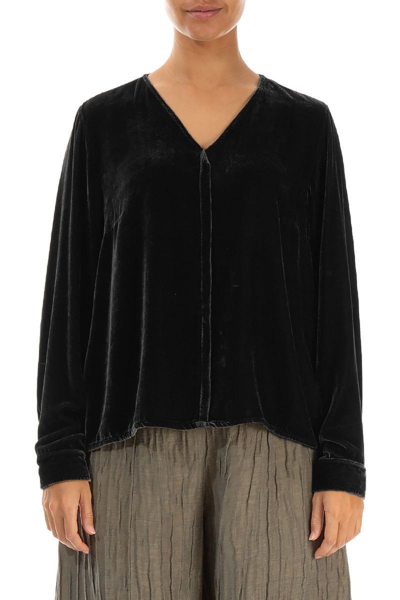 V-Neck Black Silk Velvet Blouse 1