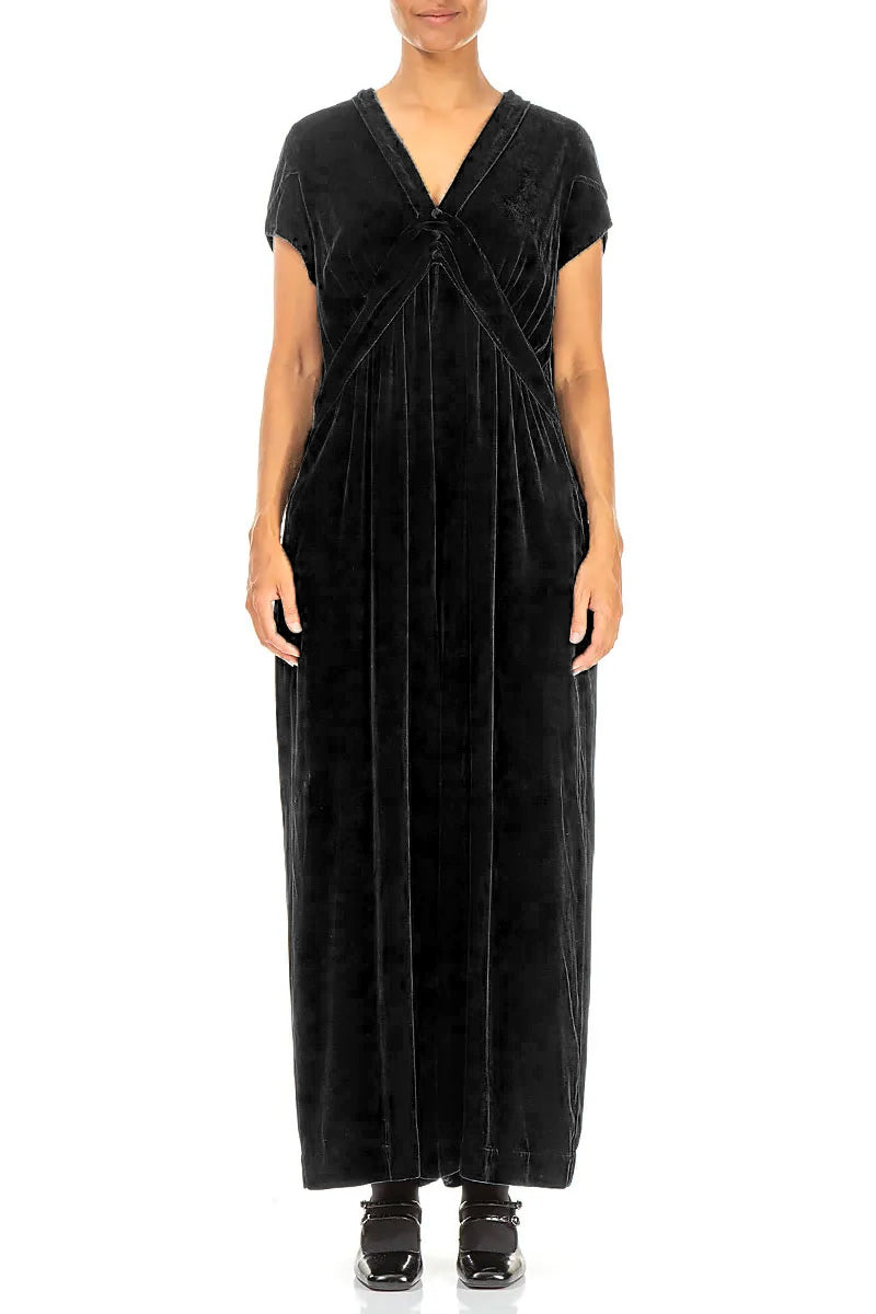 V-Neck Black Silk Velvet Jumpsuit 1