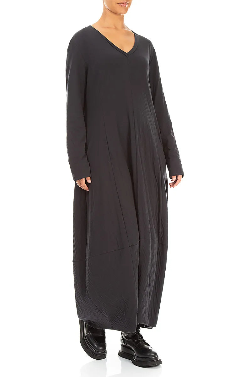 V-Neck Black Wavy Cotton Maxi Dress 3