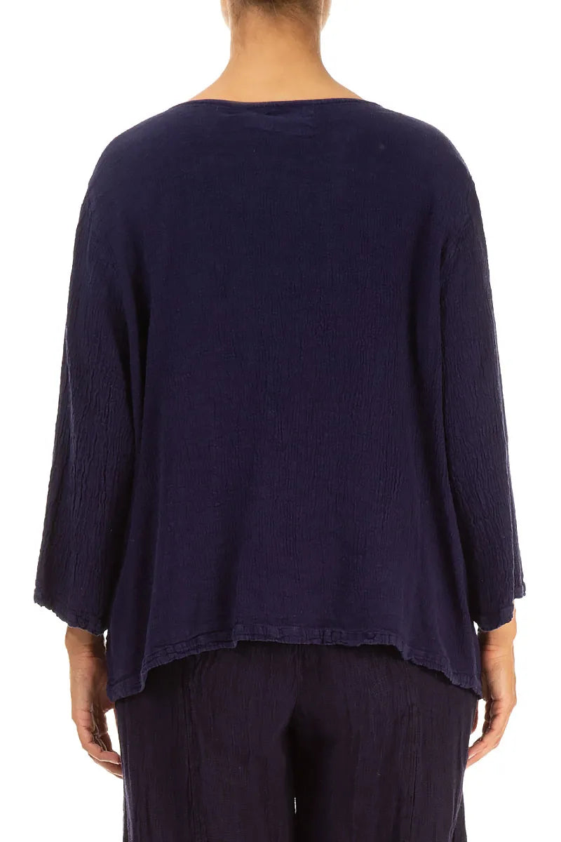 Blauviolette Leinen-Viskose-Bluse mit V-Ausschnitt