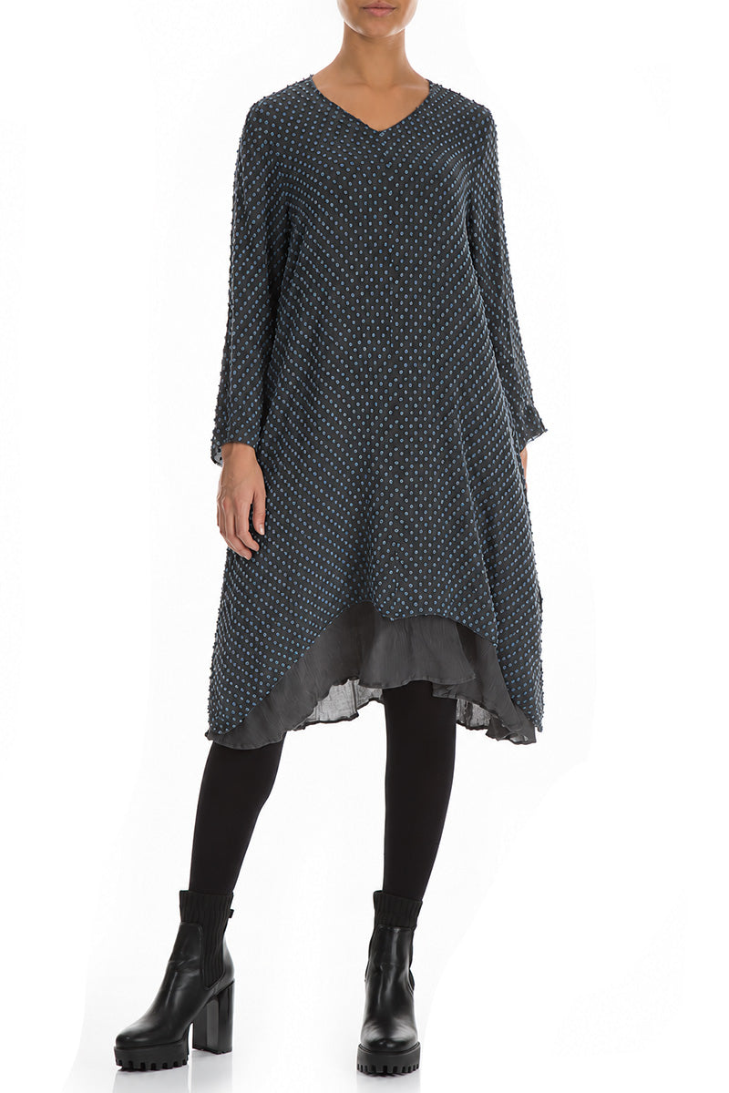 V-Neck Brass Blue Dotty Silk Tunic Dress